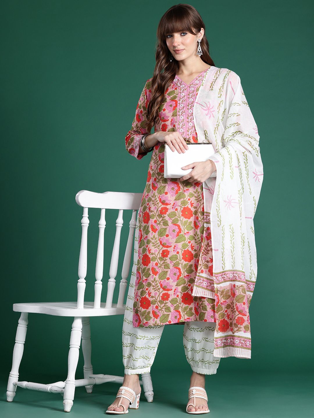 Dhiyona IE Floral Printed Pure Cotton Kurta with Salwar & With Dupatta