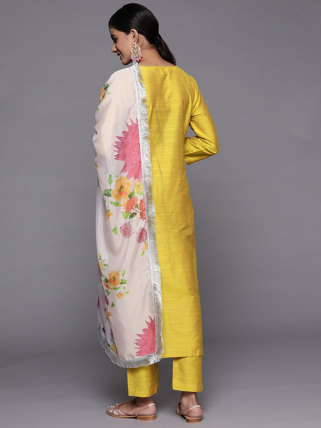 Dhiyona VA Women's Yellow Ethnic Motifs Embroidered Thread Work Kurta with Trousers & With Dupatta