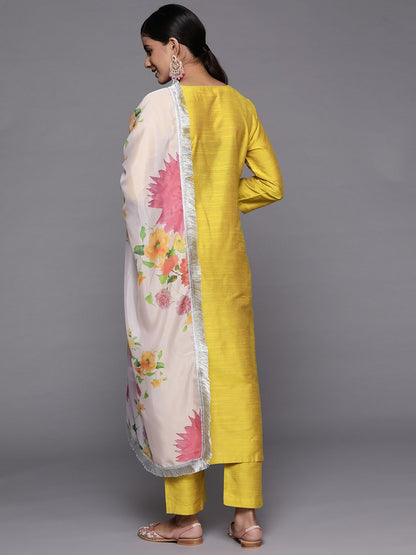 Dhiyona VA Women's Yellow Ethnic Motifs Embroidered Thread Work Kurta with Trousers & With Dupatta