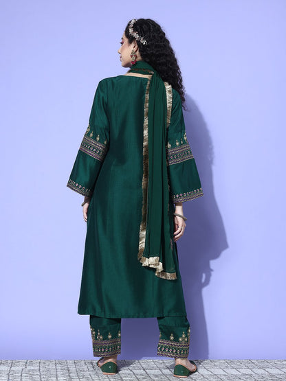 Dhiyona VA Women'sGreen Zari Embroidered Flared Sleeves Kurta with Trouser & Dupatta