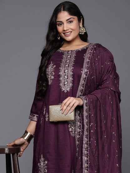 Dhiyona IE Plus Size Ethnic Motifs Embroidered Sequinned Kurta with Trousers & Dupatta