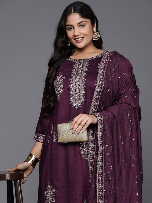 Dhiyona IE Plus Size Ethnic Motifs Embroidered Sequinned Kurta with Trousers & Dupatta