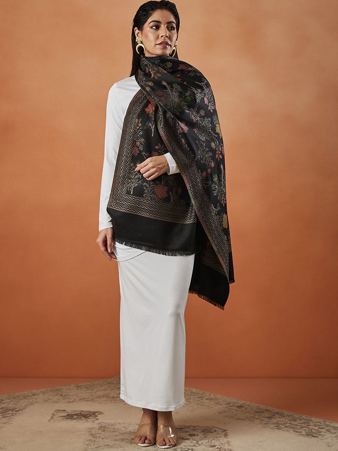 Dhiyona PA Floral Woven Design Fringed Shawl