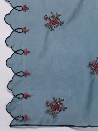 Dhiyona VA Women'sTeal Floral Embroidered Kurta with Trouser & Dupatta