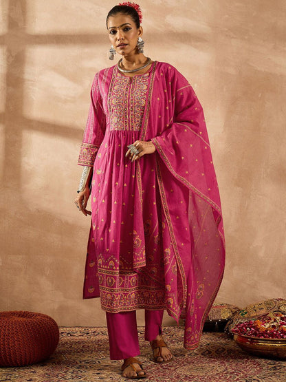 Dhiyona IE Women Floral Printed Panelled Mirror Work Pure Cotton Kurta with Trousers & With Dupatta