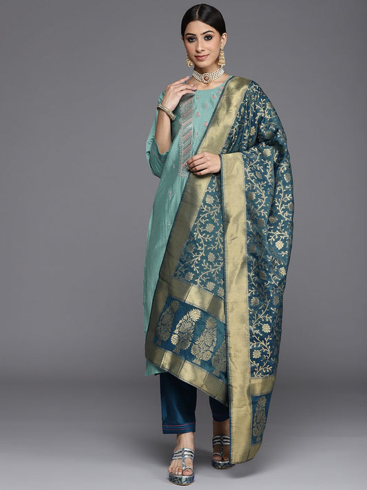 Dhiyona VA Women's Blue Ethnic Motifs Embroidered Kurta with Trousers & Dupatta