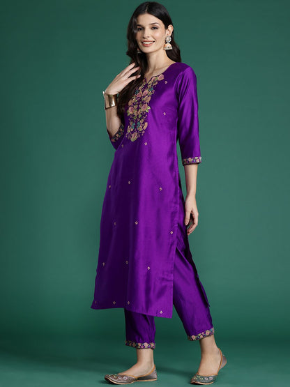Dhiyona IE Floral Embroidered Sequinned Liva Kurta With Trousers & Dupatta