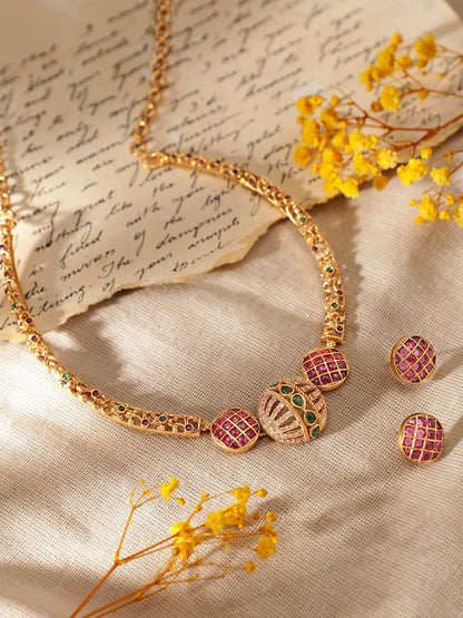 Dhiyona RJ Women's 24K Gold Plated Ruby & Emerald CZ Studded Handcrafted Traditional Jewellery Set