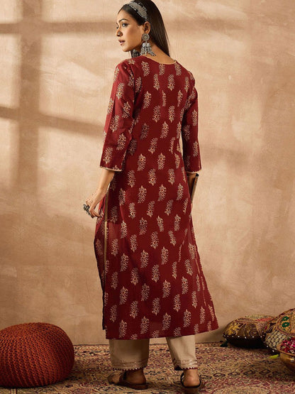 Dhiyona IE Floral Printed V-Neck Pure Cotton Thread Work Straight Kurta