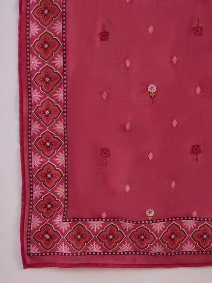 Dhiyona IE Floral Printed Notch Neck Beads & Stones Pure Cotton Kurta Trousers & Dupatta