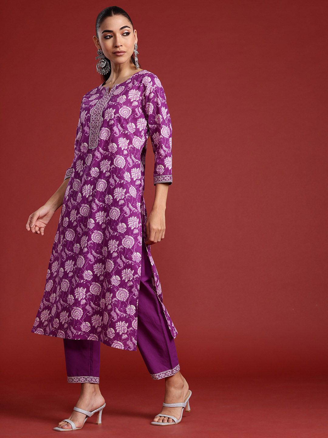 Floral Printed Mirror Work Pure Cotton Kurta With Trousers & Dupatta
