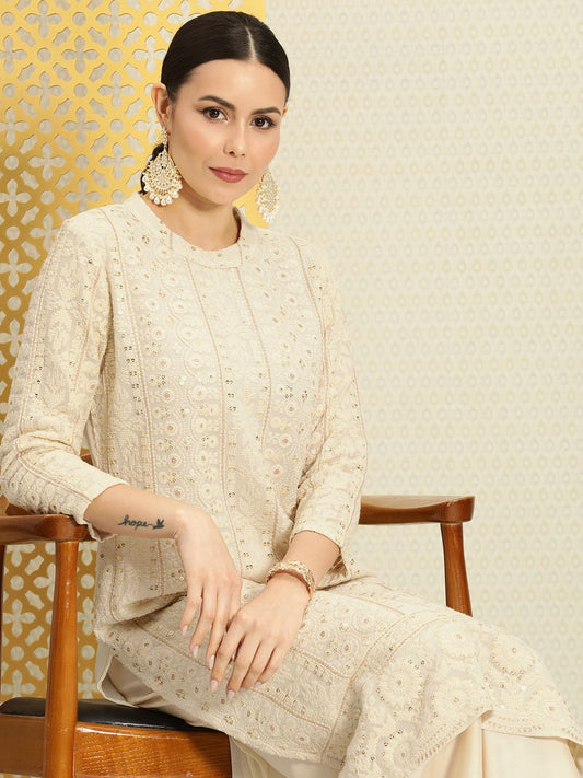 Dhiyona PD Women Women Jashn Round Neck Sequinned Embroidered Kurta With Palazzo