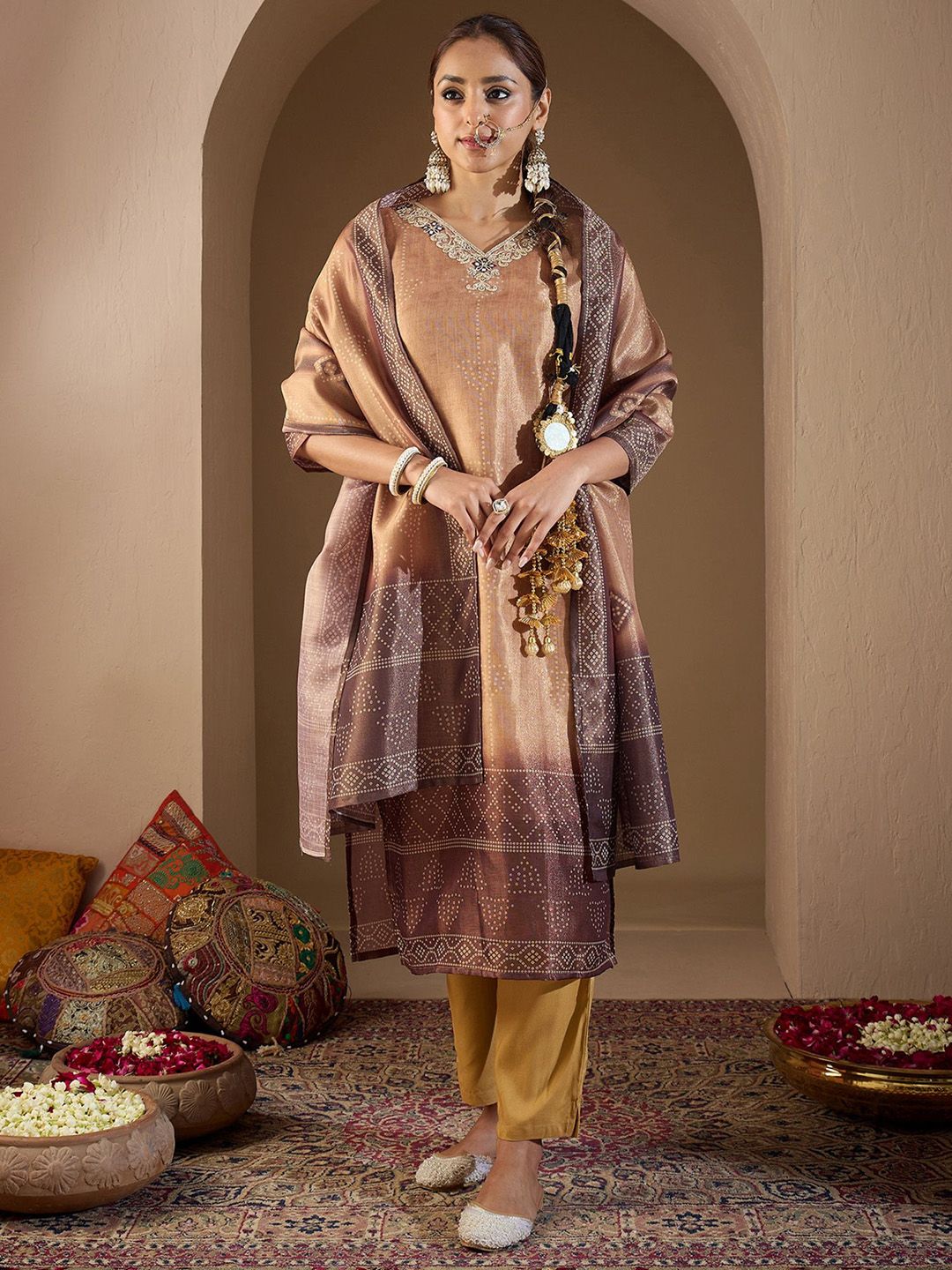 Women Bandhani Printed Regular Sequinned Kurta with Trousers & With Dupatta