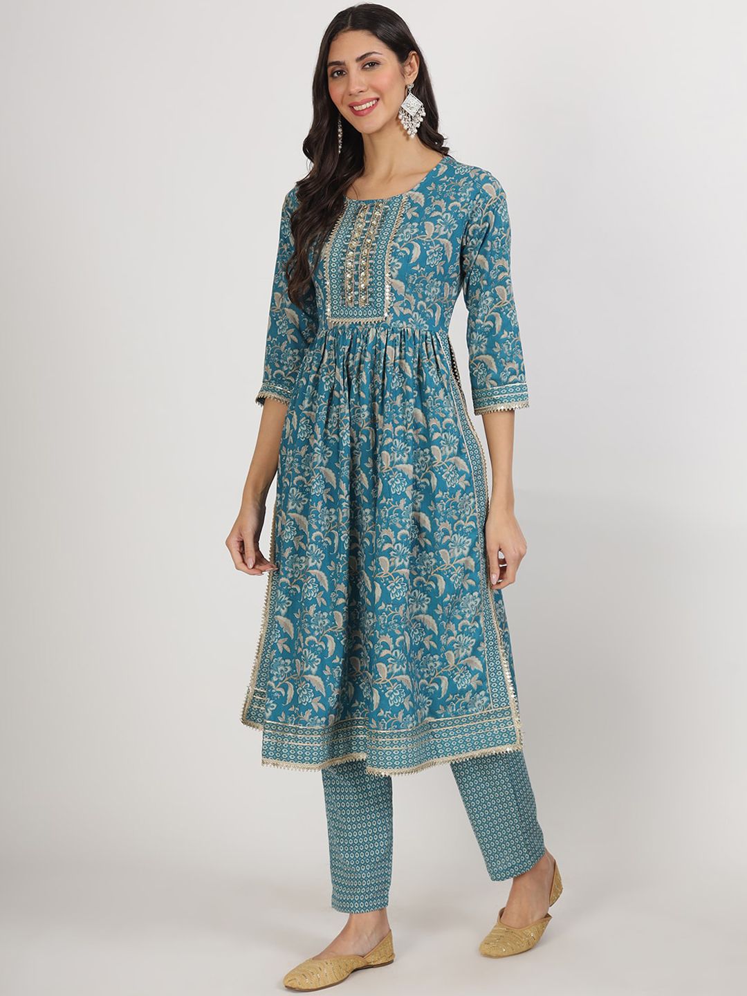 Dhiyona KL Floral Printed Beads and Stones Pure Cotton Kurta & Trousers With Dupatta