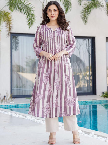 Dhiyona IE Indo era Floral Printed Pure Cotton Round Neck Top With Trousers Co-Ords Set