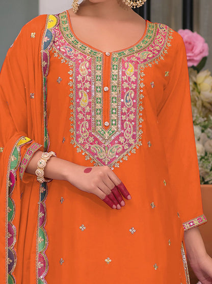 Dhiyona IE Floral Embroidered Sequinned Chinon Straight Kurta With Palazzos & Dupatta