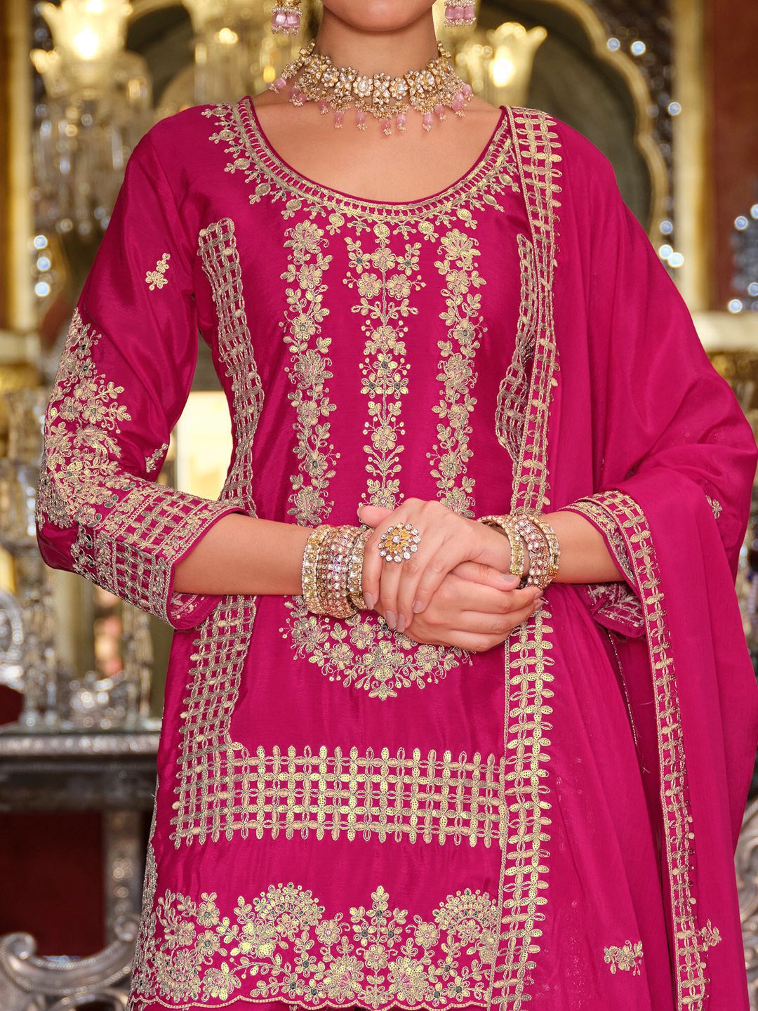 Adults-Women Woven Design Embroidered Kurta with Palazzos & Dupatta