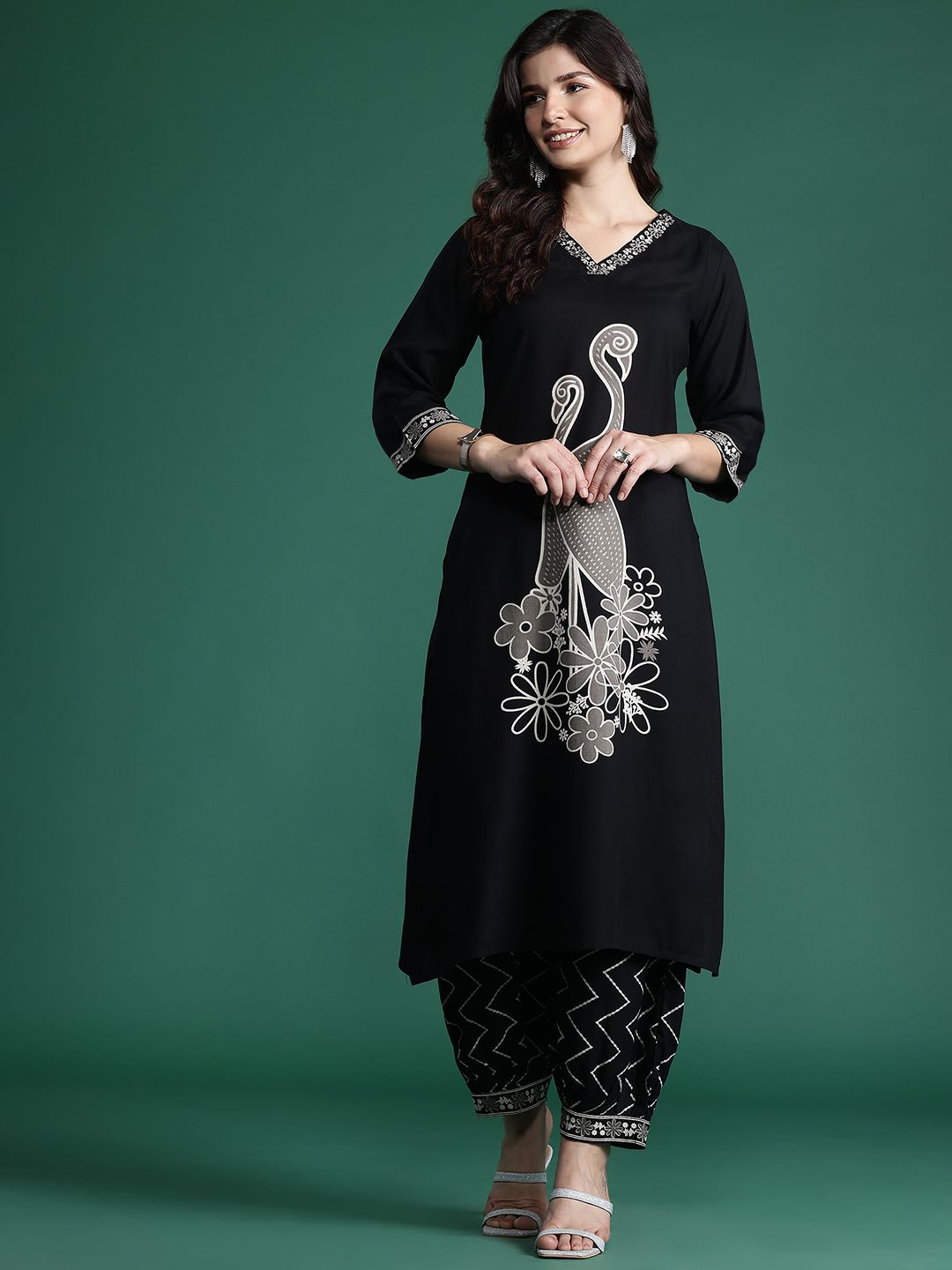 Printed Beads and Stones Detail Kurta with Trousers