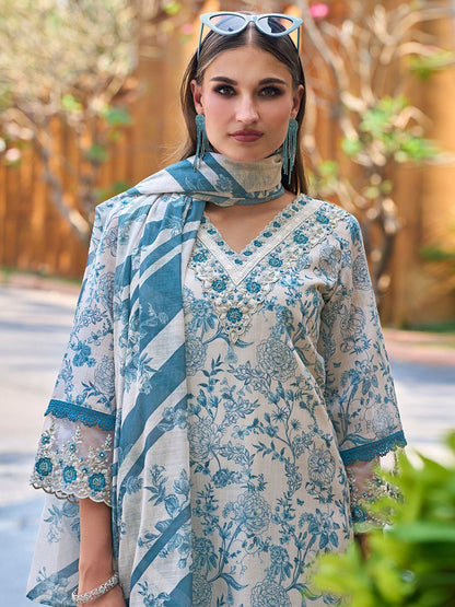 Dhiyona IE Floral Printed Regular Thread Work Pure Cotton Kurta with Trousers & Dupatta