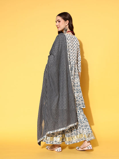 Dhiyona VA Women's Floral Printed Empire Pure Cotton Kurta with Sharara & With Dupatta