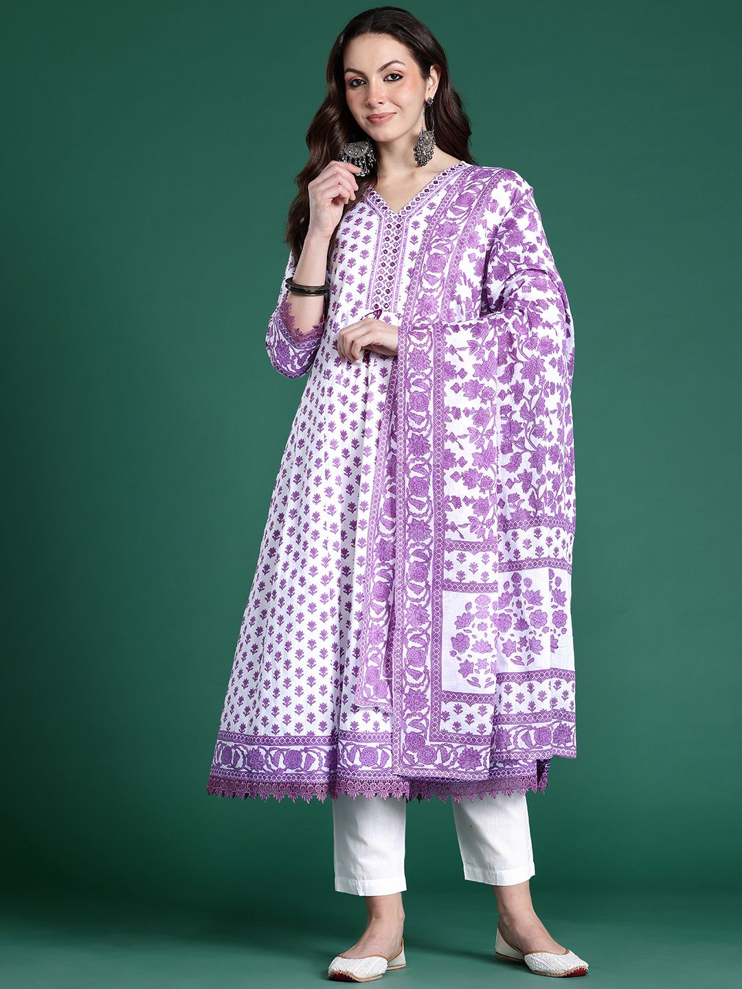 Floral Printed Pure Cotton Kurta with Trousers & Dupatta