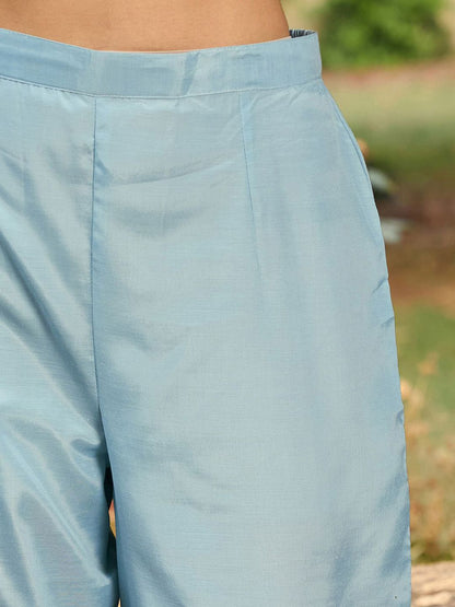 Blue Floral Embroidered Thread Work Straight Kurta With Trousers & Dupatta