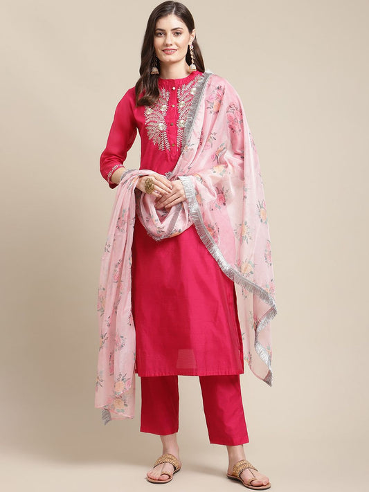 Dhiyona VA Women's Magenta Floral Chanderi Silk Kurta with Trousers & With Dupatta