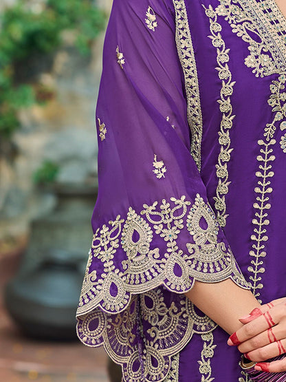 Floral Embroidered V-Neck Zari Organza Straight Kurta With Trousers And Dupatta