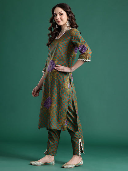 Printed Regular Beads and Stones Pure Cotton Kurta with Trousers & Dupatta