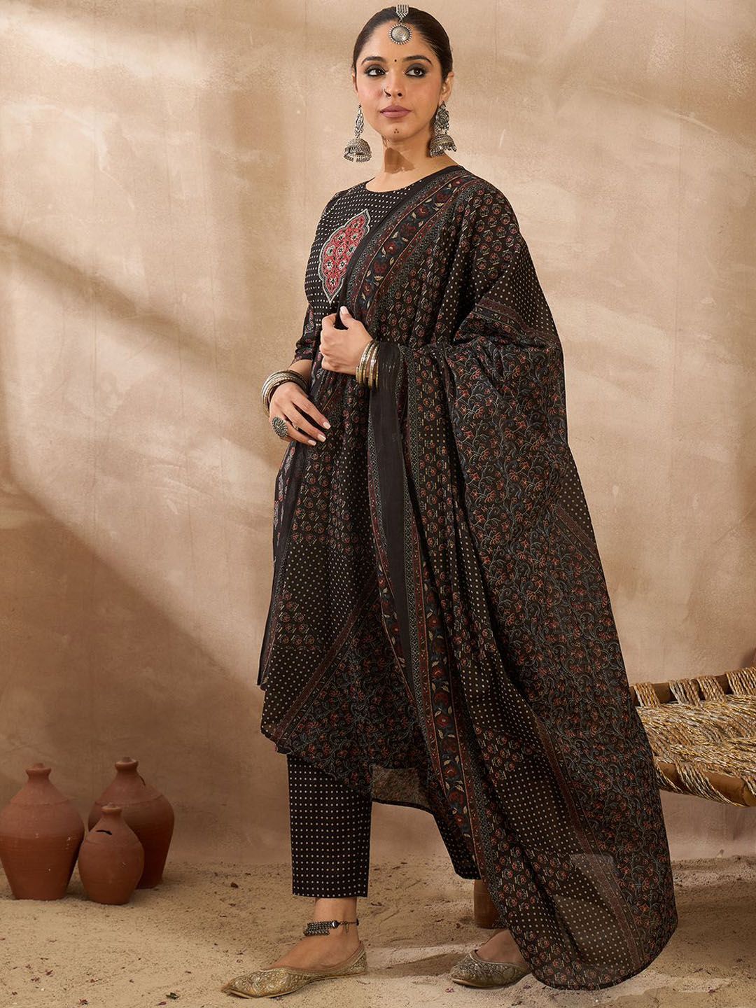 Women Ethnic Motifs Printed Regular Thread Work Pure Cotton Kurta with Trousers & With Dupatta