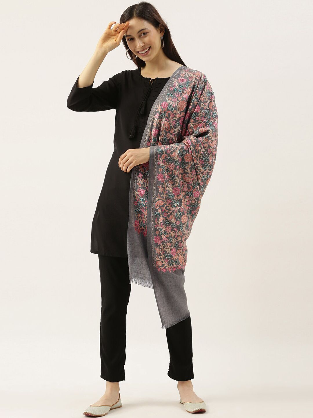 Dhiyona PA Women Grey & Pink Embroidered Pure Wool Shawl