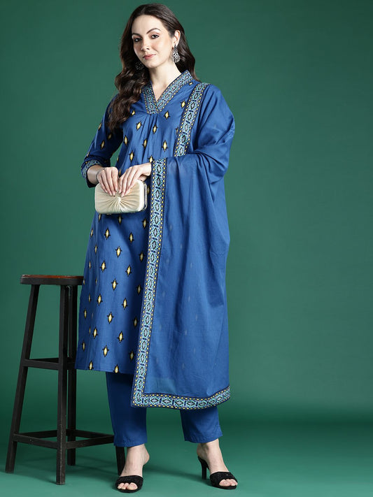 Dhiyona IE Ethnic Motifs Embroidered Pure Cotton Kurta with Trousers & Dupatta