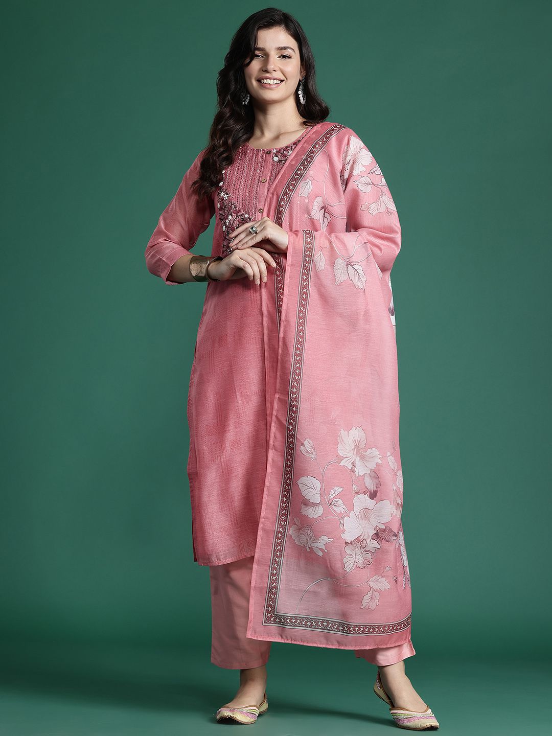 Floral Embroidered Thread Work Chanderi Silk Kurta with Trousers & With Dupatta