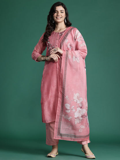 Floral Embroidered Thread Work Chanderi Silk Kurta with Trousers & With Dupatta
