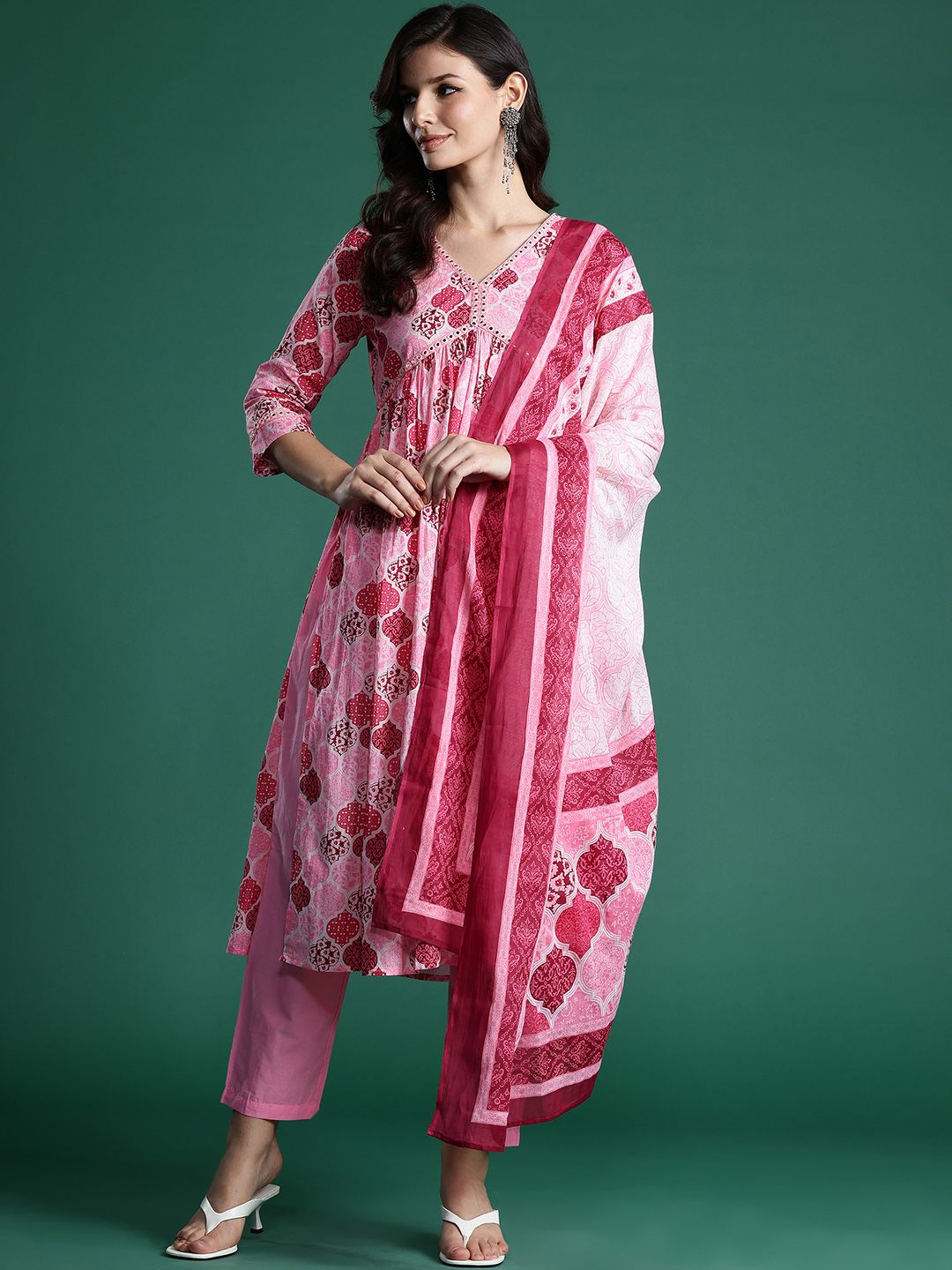 Printed Empire Mirror Work Pure Cotton Kurta With Trousers & Dupatta