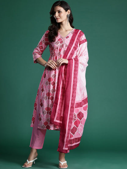 Printed Empire Mirror Work Pure Cotton Kurta With Trousers & Dupatta