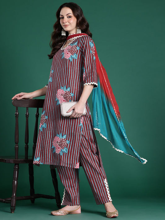 Dhiyona IE Floral Striped Pure Cotton Kurta with Trousers & Dupatta