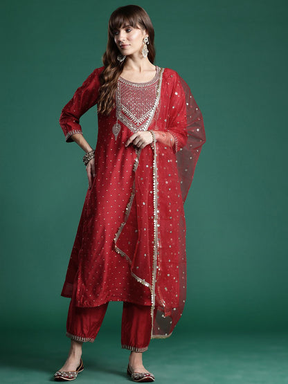 Dhiyona IE Embroidered Sequinned Kurta With Trousers & Dupatta