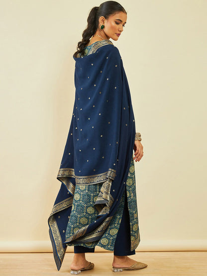 Dhiyona SO Women's Navy Blue Floral Printed Regular Beads and Stones Kurta with Trousers & Dupatta