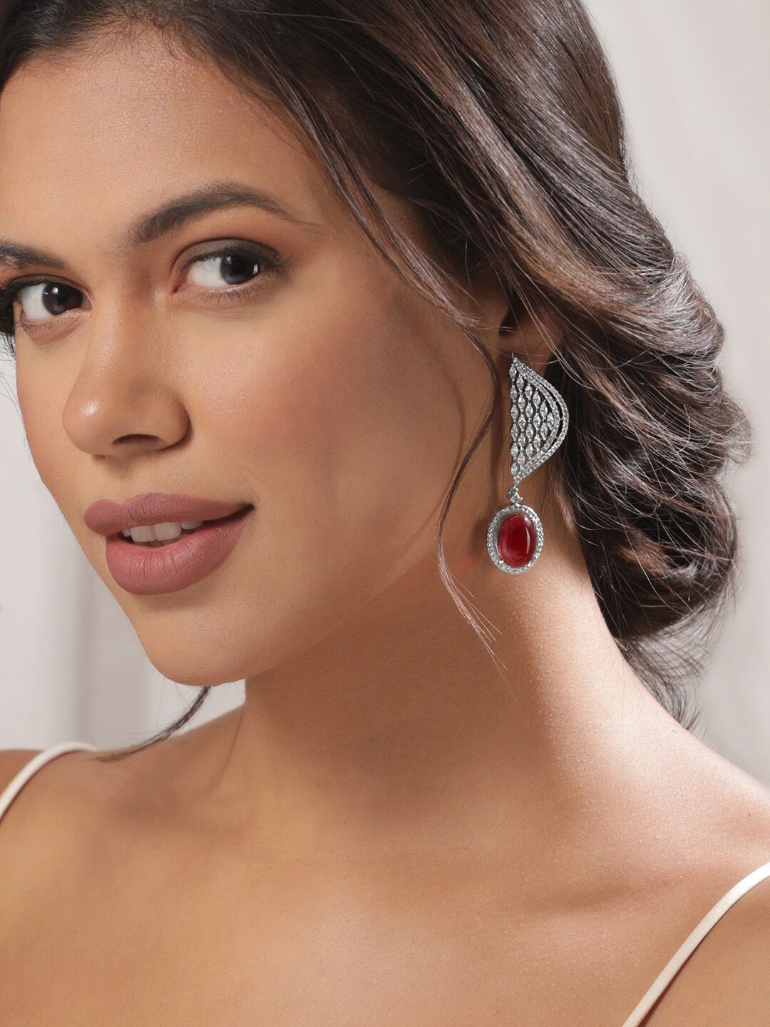 Dhiyona RJ Women's Silver-Plated Ruby & Cubic Zircon Studded Premium Drop Earrings