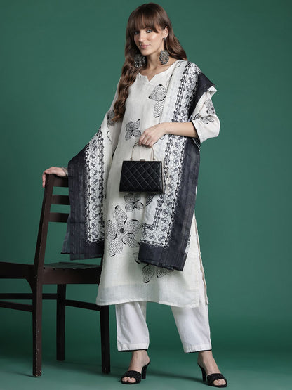 Dhiyona IE Floral Embroidered Linen Kurta with Trousers & Dupatta