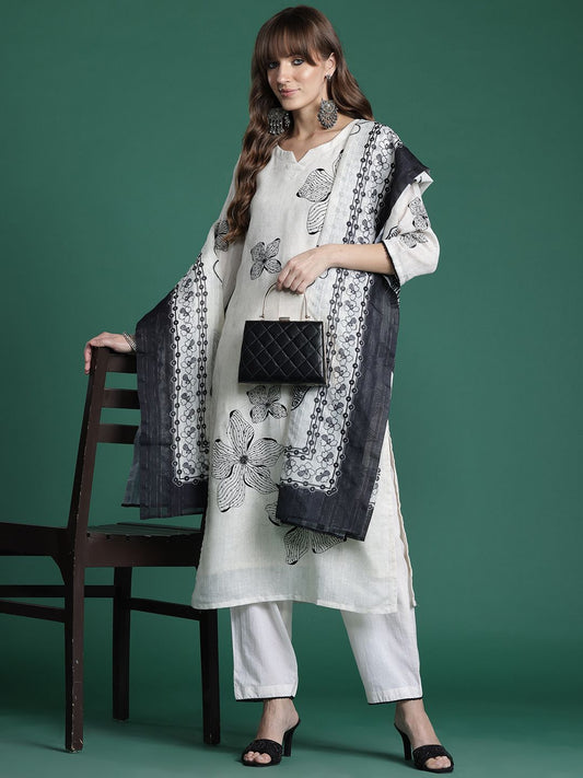 Dhiyona IE Floral Embroidered Linen Kurta with Trousers & Dupatta