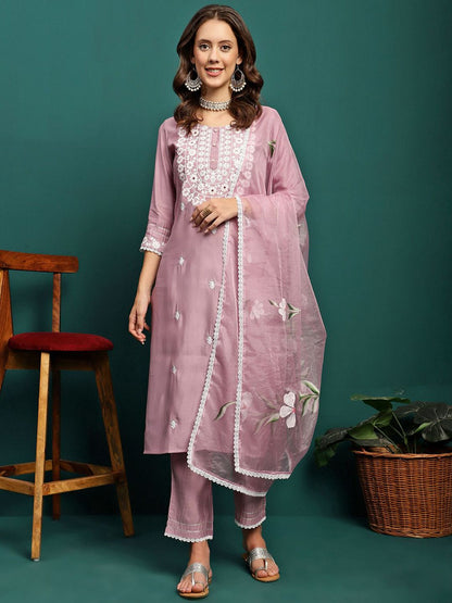Dhiyona SN Women's Embroidered Round-Neck Kurta With Trouser & Dupatta