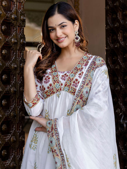 Floral Printed Empire Pure Cotton A-Line Kurta With Trousers & Dupatta