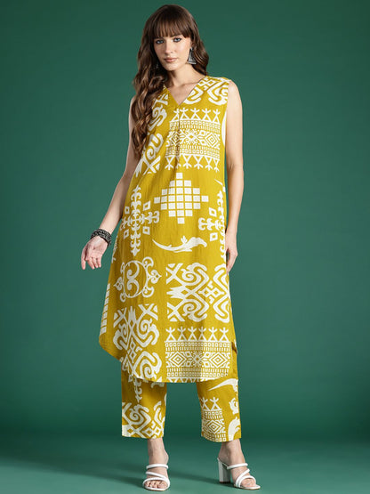 Tribal Printed Pure Cotton Fusion Kurta with Trousers