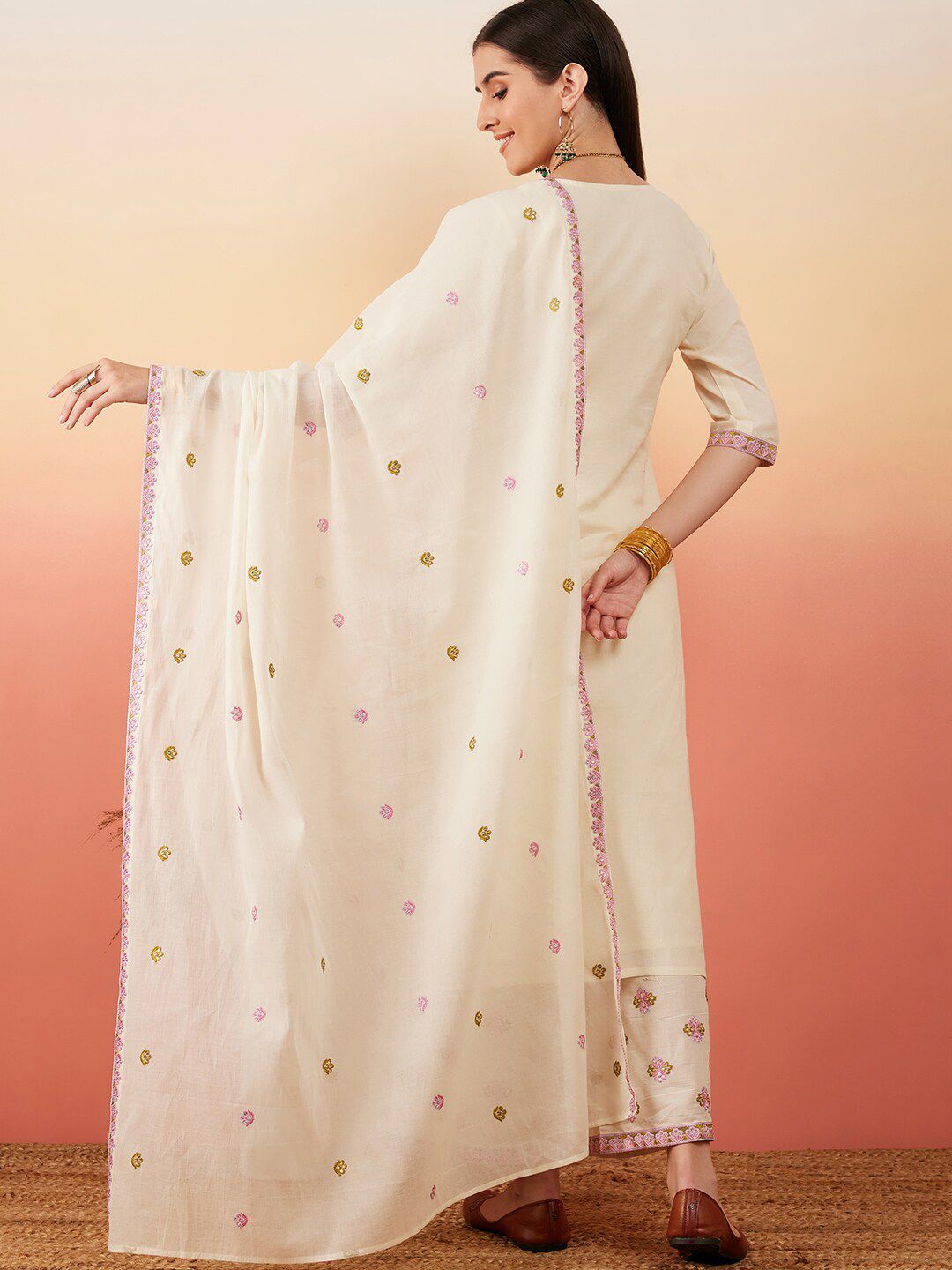 Dhiyona SN Women's Floral Embroidered Pure Cotton Straight Kurta With Palazzo & Dupatta