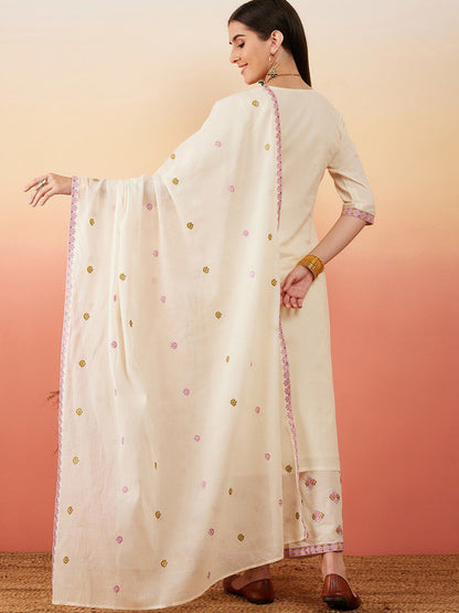 Dhiyona SN Women's Floral Embroidered Pure Cotton Straight Kurta With Palazzo & Dupatta