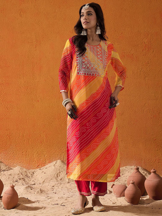 Dhiyona IE Red Bandhani Printed Thread Work Georgette Straight Kurta