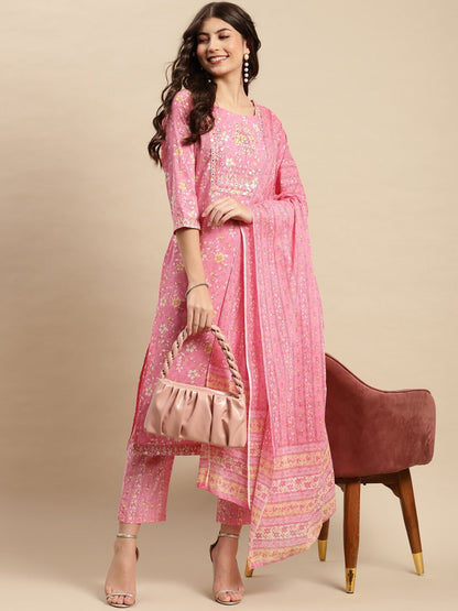 Dhiyona SN Women's Floral Printed Pure-Cotton Straight Kurta With Trouser & Dupatta