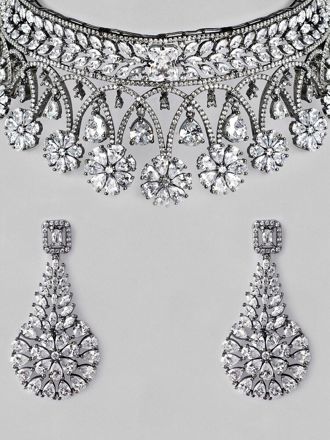 Dhiyona RJ Women's Silver-Plated Floral Design with AAA CZ Studded Jewellery Set